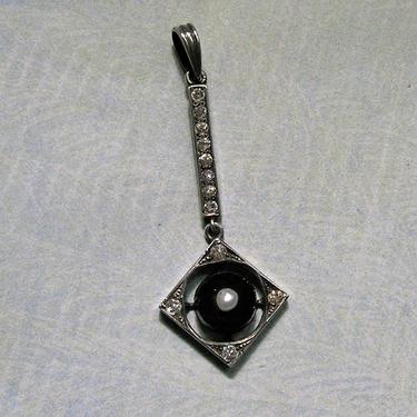 Antique Art Deco Sterling Onyx and Paste Necklace, Sterling Lavaliere Necklace, Bridal Jewelry, Old Sterling Lavaliere (#3815) 