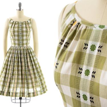Vintage 1950s Sundress | 50s Floral Gingham Cotton Printed Sage Green Spaghetti Strap Full Skirt Day Dress (small) 