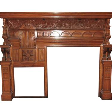 1880s Victorian Carved Whimsical Maple Mantel with Turned Columns and Corbels