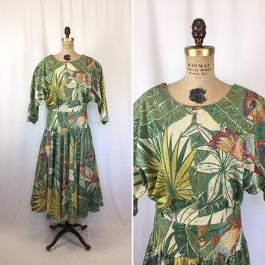 Vintage 80s dress | Vintage green jungle print dress | 1980s First “F” novelty print cocktail party dress 
