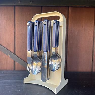 1980s Northland Blue Silver Flatware and Stand Vintage Mid-Century Fork Spoon Knife Set 6 Place Settings 