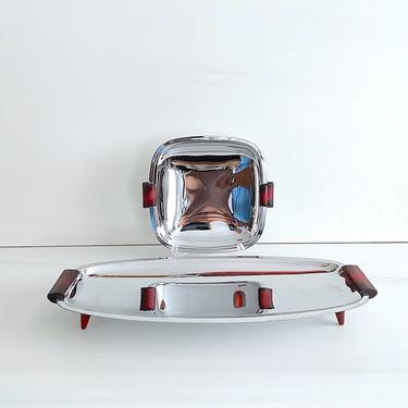 Vintage Mid Century Modern Chrome and Red Bakelite Handles and Feet Serving Trays by Glow Hill 