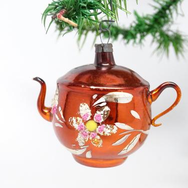 Antique  Mercury Hand Blown Glass Hand Painted Teapot, Vintage Christmas Tree Ornament 