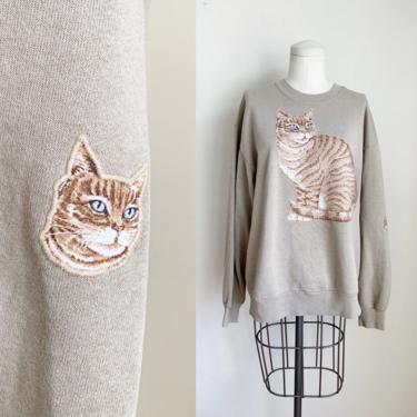 Vintage Taupe Cat Appliqued Sweatshirt / M 