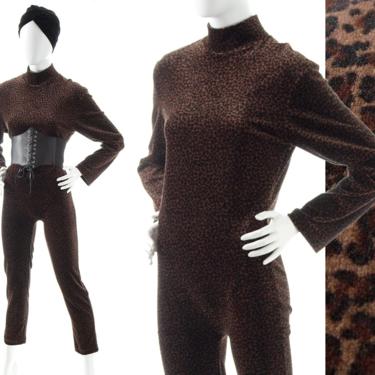 Vintage 1990s Catsuit | 90s Leopard Animal Print Jumpsuit Velvet Velour Stretchy Full Length One Piece Unitard (small/medium/large) 