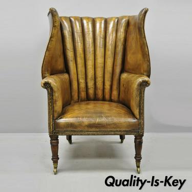 19th C. Howard &amp; Sons English Brown Leather Channel Back Wingback Library Chair