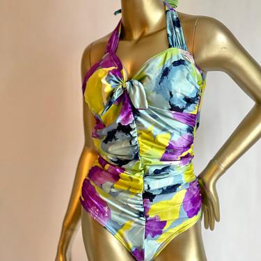 Colorful Tropical Flowers One Piece Bathing Deadstock Esther Williams sz 12 Pin up NWT 