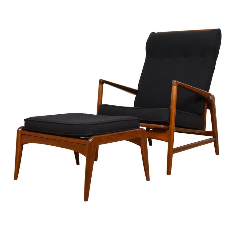 Kofod Larsen Danish Walnut & Black Adjustable Lounge Chair w/ Ottoman by Selig