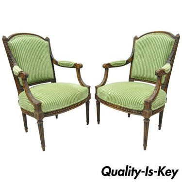 Pair of French Louix XVI Directoire Carved Walnut Green Fauteuil Arm Chairs