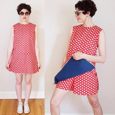 1960s Sleeveless Romper Red and White Polkadot Print / 60s Cotton Playsuit Shorts Skirt Skort / Medium 