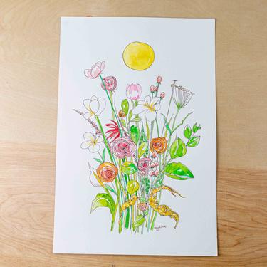 Wild Flowers with Sun Original Watercolor Painting
