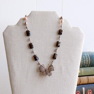 Grey Garden [assemblage necklace: pearl, moonstone, smoky quartz, vintage brooch] 
