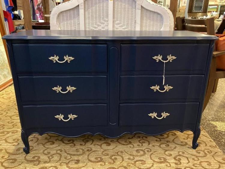 Pretty, navy blue 6 drawer dresser. 49.5” x 18.5” x 31.5” 