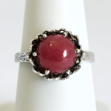 40's A835 silver flames rubellite tourmaline size 7 statement ring, unusual etched EZ Belgium silver pink cabochon solitaire 