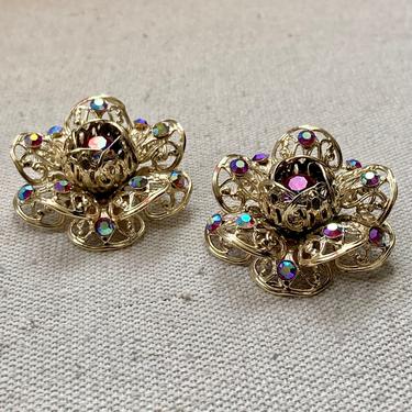 BIG 60s Vintage FLOWER Earrings / Aurora Borealis Crystals + Gold / Sarah Coventry 