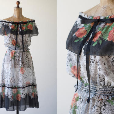 70s Vintage Sheer OFF THE SHOULDER Floral Top & Skirt Set, Peasant Boho Spring Two Piece Set High Waisted Ruffled Midi Peplum Cropped Blouse 