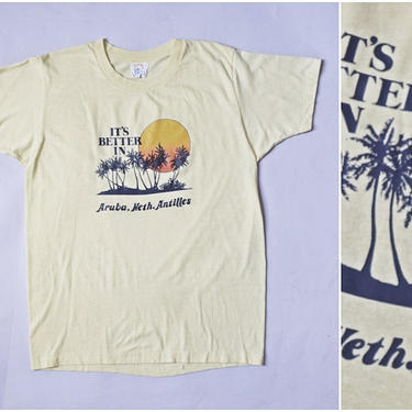 vtg 80s Its Better In Aruba, Neth. Antilles CalCru yellow tshirt tee | old school 1980s | size L unisex mens womens top cute soft shirt 