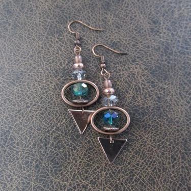 Antique copper earrings, bling, green crystal earrings, artisan rustic earrings, ethnic earrings, boho chic earrings, unique earrings small 
