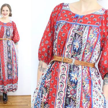 Vintage 70's 80's Red Paisley Smock Dress / 1970's Floral Pattern Tent Dress / Autumn Dress with Pockets / Women's Size Medium  Large 