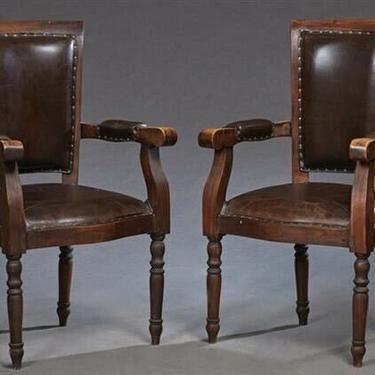 Antique French Walnut and Leather Fauteuils Armchairs Library Chairs (pair)