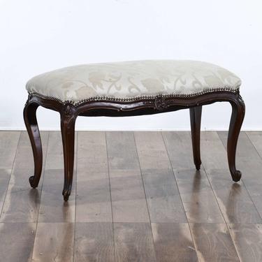 Carved Queen Anne Style Bench W Ivory Upholstery 