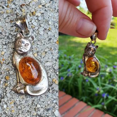 Ready --- Vintage 1990's 925 Silver Kitty Cat Pendant with Amber 90s Jewelry 90's Accessories 