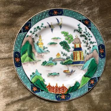 antique Chinese landscape china plate | Crown Staffordshire England, beautiful greens 