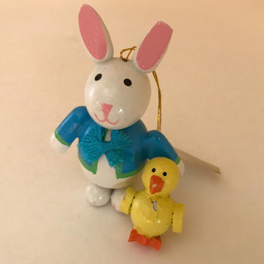 Vintage Cute Bunny Wooden Rabbit and Chick Figurine- R. Dakin Co 1986 