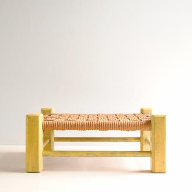 Vintage Yellow Wood Stool with Woven Top, Vintage Footstool 
