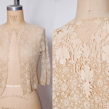 Vintage 1900s lace blouse / Edwardian hand lace top / antique cream lace blouse / Victorian floral lace button down blouse / Wedding lace 