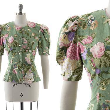 Vintage 1980s Blouse | 80s KARIN STEVENS Romantic Rose Floral Printed Cotton Puff Sleeve Green Button Up Top (small) 