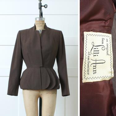 vintage 1950s Lilli Ann suit jacket • mocha brown wool peplum blazer • nipped waist & strong shoulders 