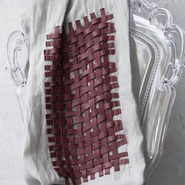 Woven Oxblood Leather and Grey Linen Scarf