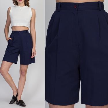 90s Navy Blue Pleated Shorts - Extra Small, 25&quot; | Vintage Liz Claiborne High Waist Mom Shorts 