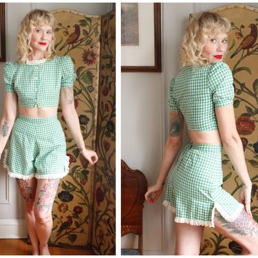 1940s Playsuit // Gingham Spring Green 2pc Playsuit // vintage 40s playsuit 
