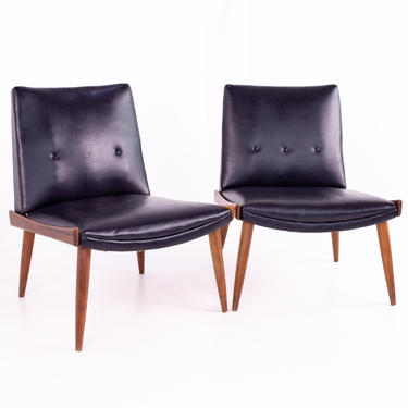 Paul McCobb Style Kroehler Mid Century Black Vinyl and Walnut Slipper Chairs - pair - mcm 
