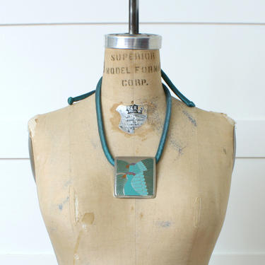 vintage Laurel Burch birds statement necklace • silver &amp; teal blue modernist necklace 