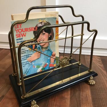 Vintage Magazine Rack, Claw Foot Magazine Rack With Black Base by Glo-Mar Artworks, Ny Brass and Black 