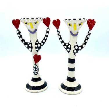 Vintage 1980s Artist Susie Ketchum Porcelain Candlesticks, 2 Whimsical Handmade Ceramic Candle Holders, New Wave Home Decor 