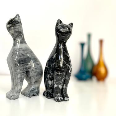 Vintage MCM Carved Solid Stone Cats | Carved Marble Cats 
