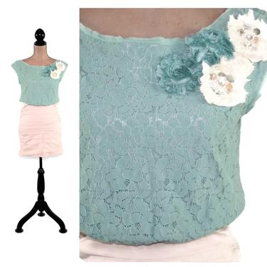 Y2K Mini Dress XS Small, Aqua Lace & White Cotton, Spring Summer Flower Embellished, Vintage Clothing Boho Clothes for Women Teen Junior 