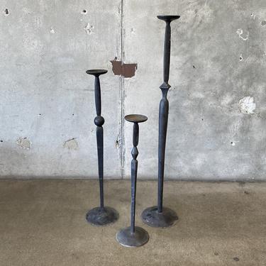 Set of Three Brutalist Metal Candle Stick Holders