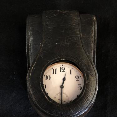 Circa 1900 Horse Carriage Clock in Rein Holder Leather Case Watching Working 3 1/8 WideWatch