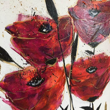 16 x 20 x 1/2 Deep red poppies, acrylic on canvas Free Shipping 