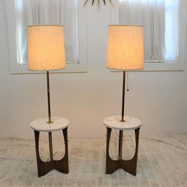 Mid Century Modern vintage, wood and marble floor lamps with shades 