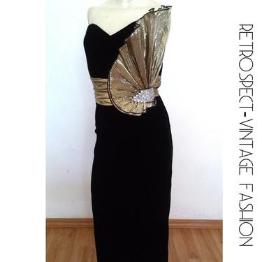 Vintage 1980's prom dress, couture vintage dress, gold cocktail gown, structural gold fan dynasty strapless black opera gown small s 6 