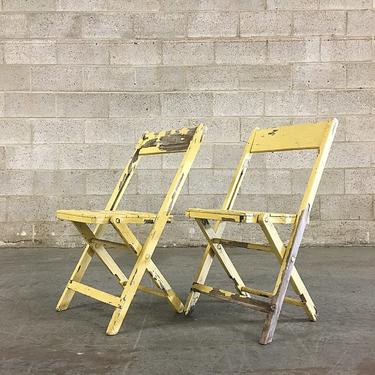 LOCAL PICKUP ONLY Vintage Folding Chairs Retro 1960s Set of 2 Matching + Naturally Distressed + Yellow Painted Wood Indoor + Outdoor Chairs 