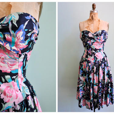 Vintage 1980's Black Floral Strapless Sweetheart Dress | Size Medium 
