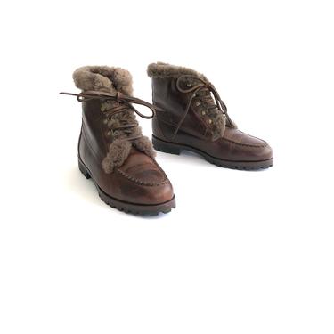 Vtg 90s Cole Haan Winter Boots / 1990s Unworn Brown Leather Shearling Fur lined Lace-Up Ankle Boots by luckyvintageseattle
