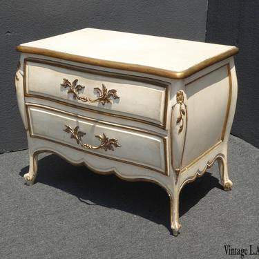 Vintage French Provincial Country Ornate White Gold Nightstand w Brass Hardware 